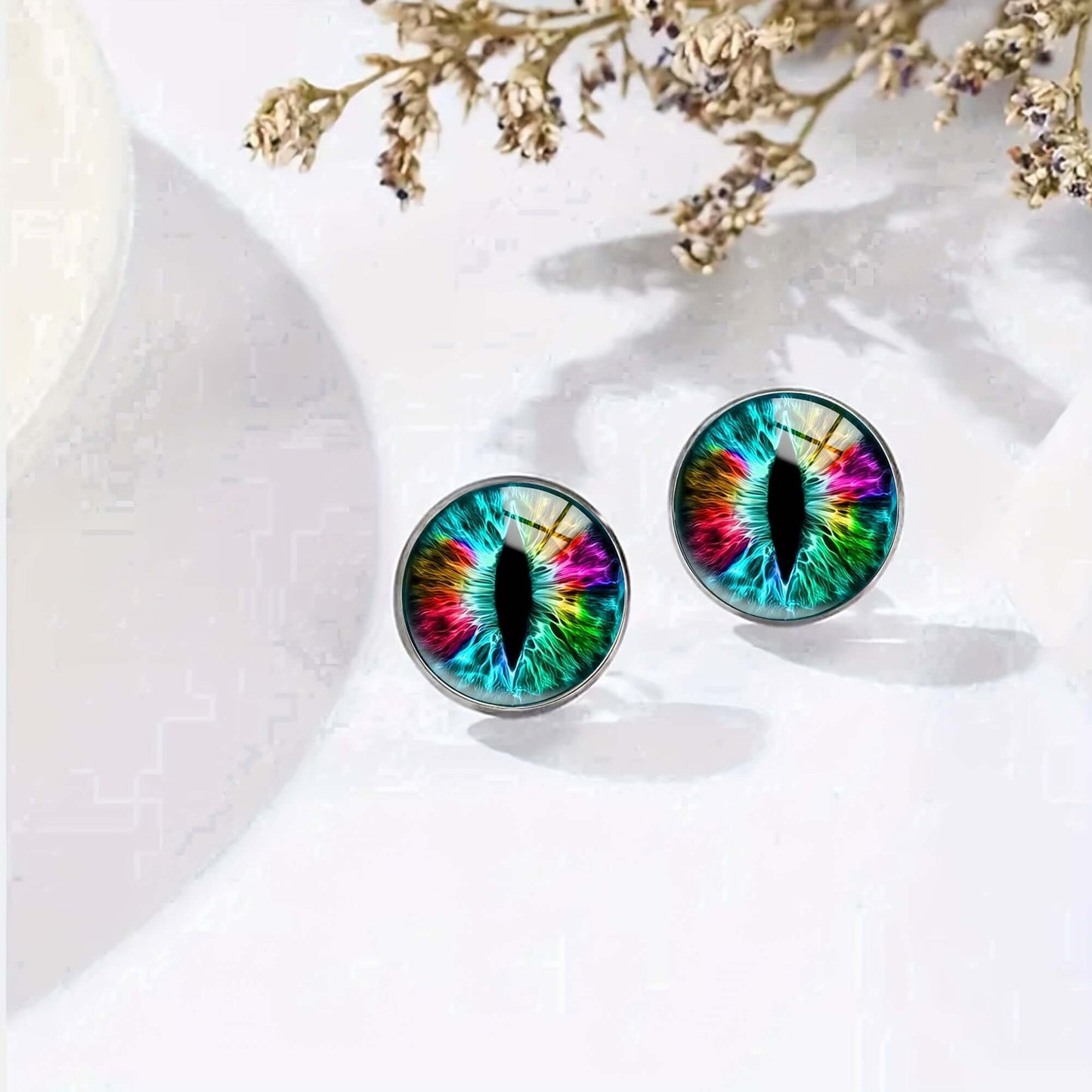 Colorful dragon eye stainless steel stud earrings in Gothic style with vibrant colors and unplated finish.