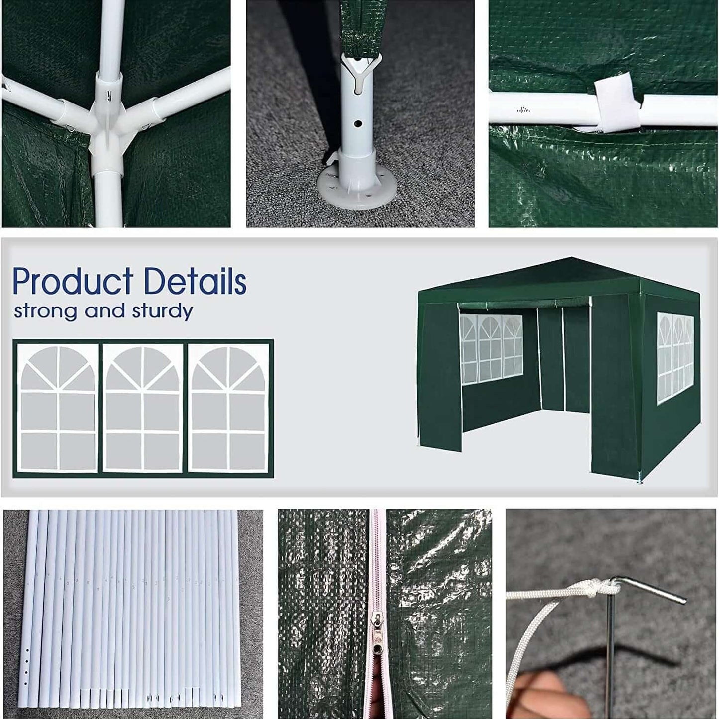 Green sturdy event gazebo with 4 side panels, waterproof and rustproof, featuring PE fabric and steel frame details.