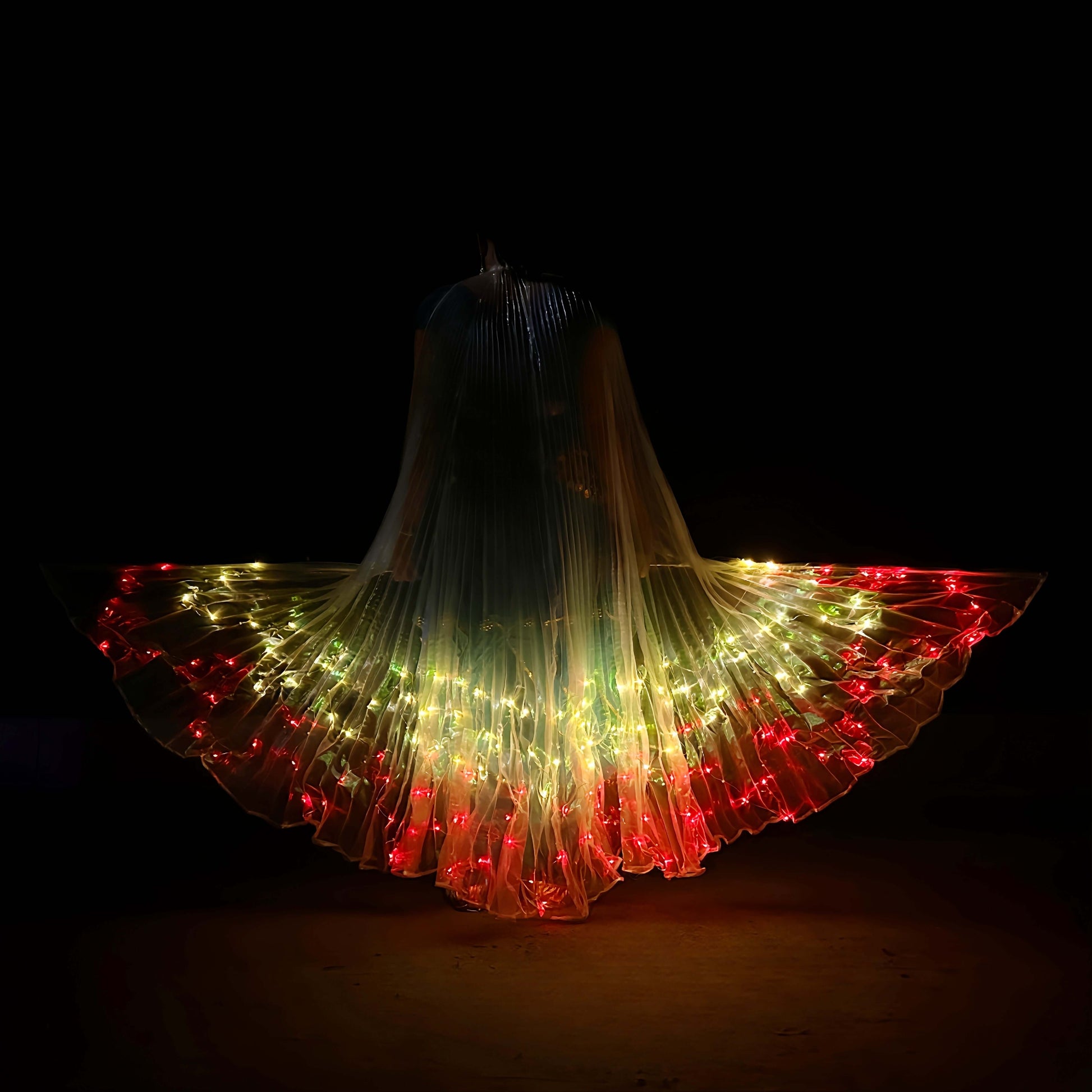 LED angel wings cape with red and yellow lights, butterfly design glowing in the dark, perfect for festivals and performances.