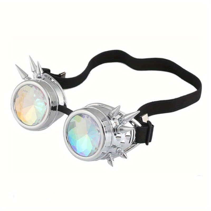 Steampunk kaleidoscope glasses with prism lenses and spikes, perfect for Y2K gothic rave parties and festivals.