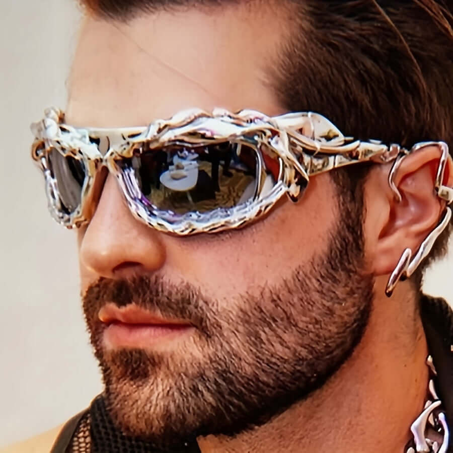 Man wearing Y2K wrap-around punk sunglasses with mirrored lenses, perfect for rave parties and outdoor fashion statements.