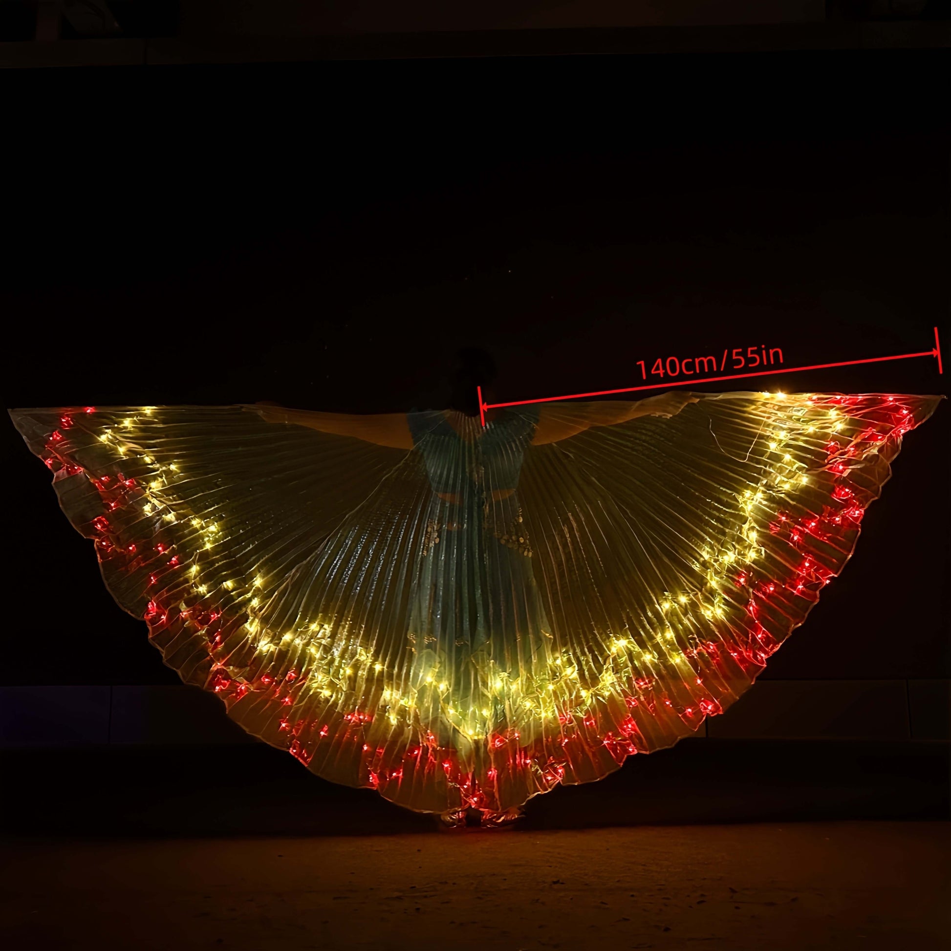 LED angel wings cape with red and yellow lights in butterfly design glowing in the dark, perfect for festivals or stage performances.