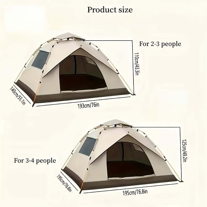 Size comparison of waterproof camping tent for 2-3 and 3-4 people, showcasing dimensions and design.