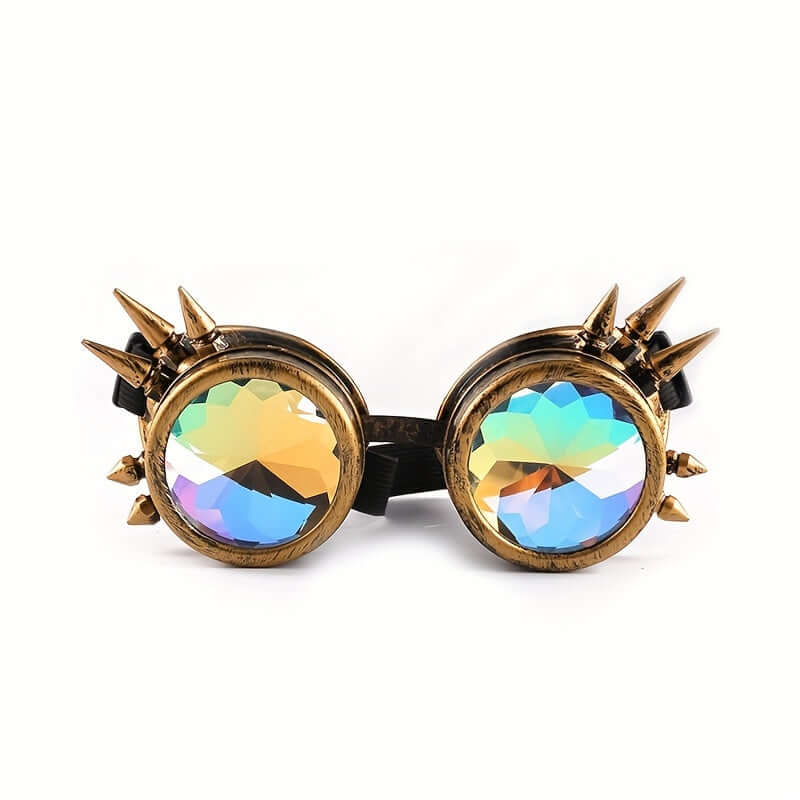 Steampunk kaleidoscope glasses with prism lenses and spikes for gothic rave parties.