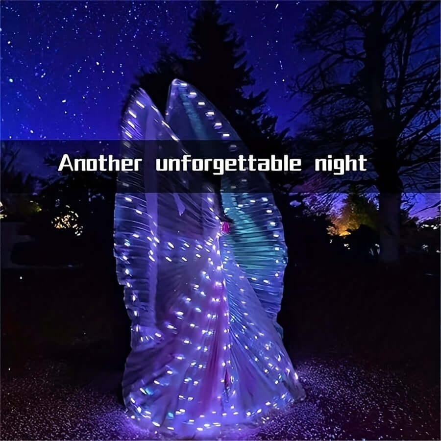 LED butterfly wings glowing at night with 304 lights, creating a mesmerizing look under a starry sky, perfect for performances and parties.