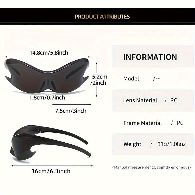 Trendy oversized Y2K rave sunglasses with polycarbonate frame and lenses, weight 31g, dimensions shown for riding glasses.