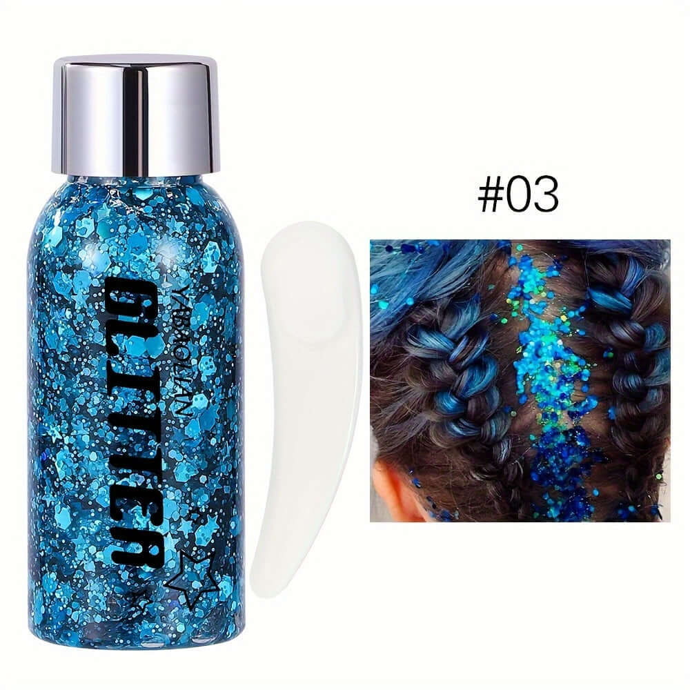 Blue mermaid sequin glitter gel for festival hair and face makeup with easy application, shown with braided hairstyle.