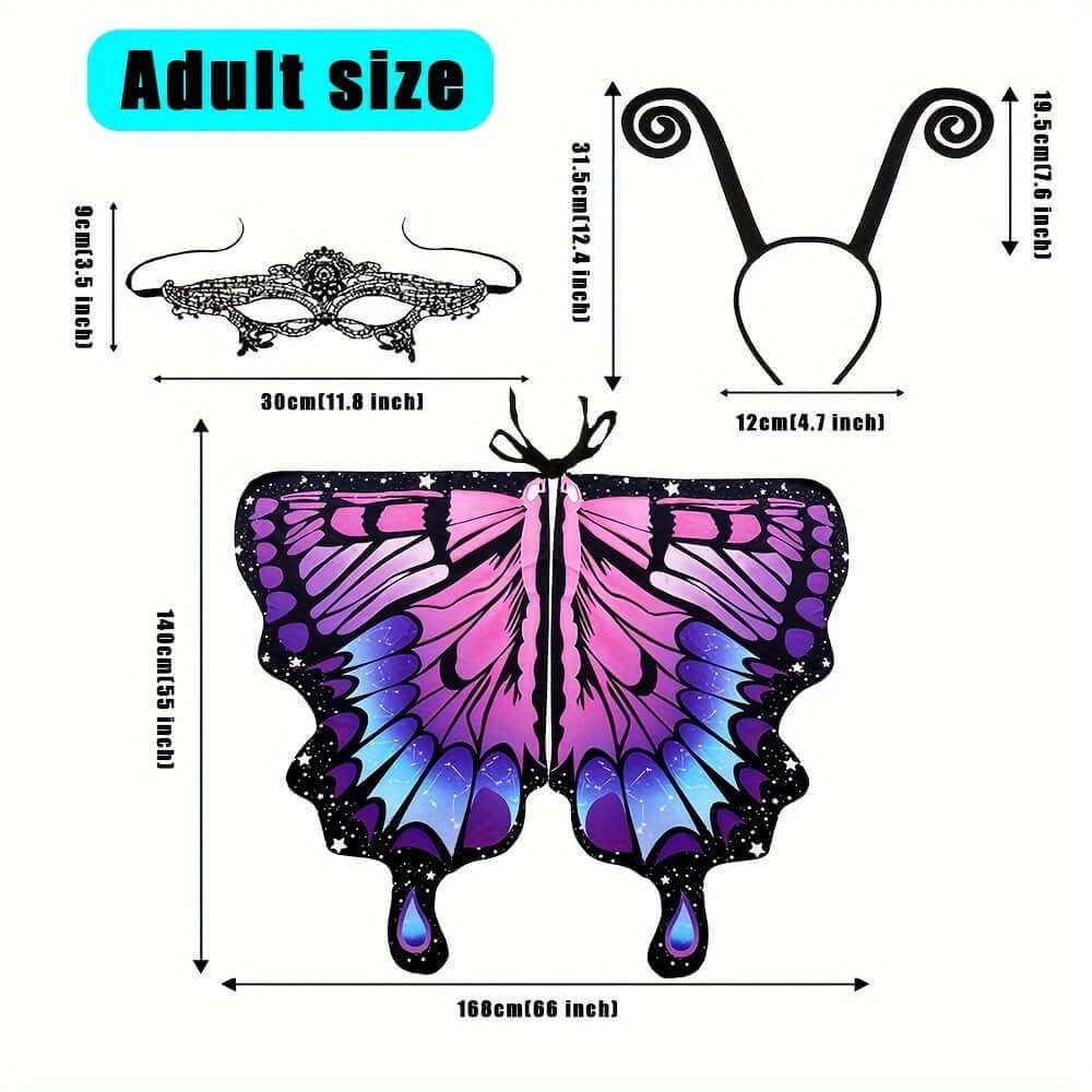 Adult size butterfly wings shawl with masquerade mask and antenna headband, dimensions included for festival or party costume.