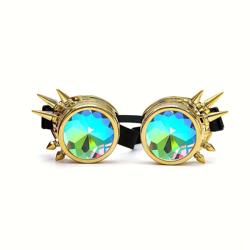 Steampunk kaleidoscope goggles with prism lenses and spikes, ideal for Y2K gothic rave parties and festival outfits.