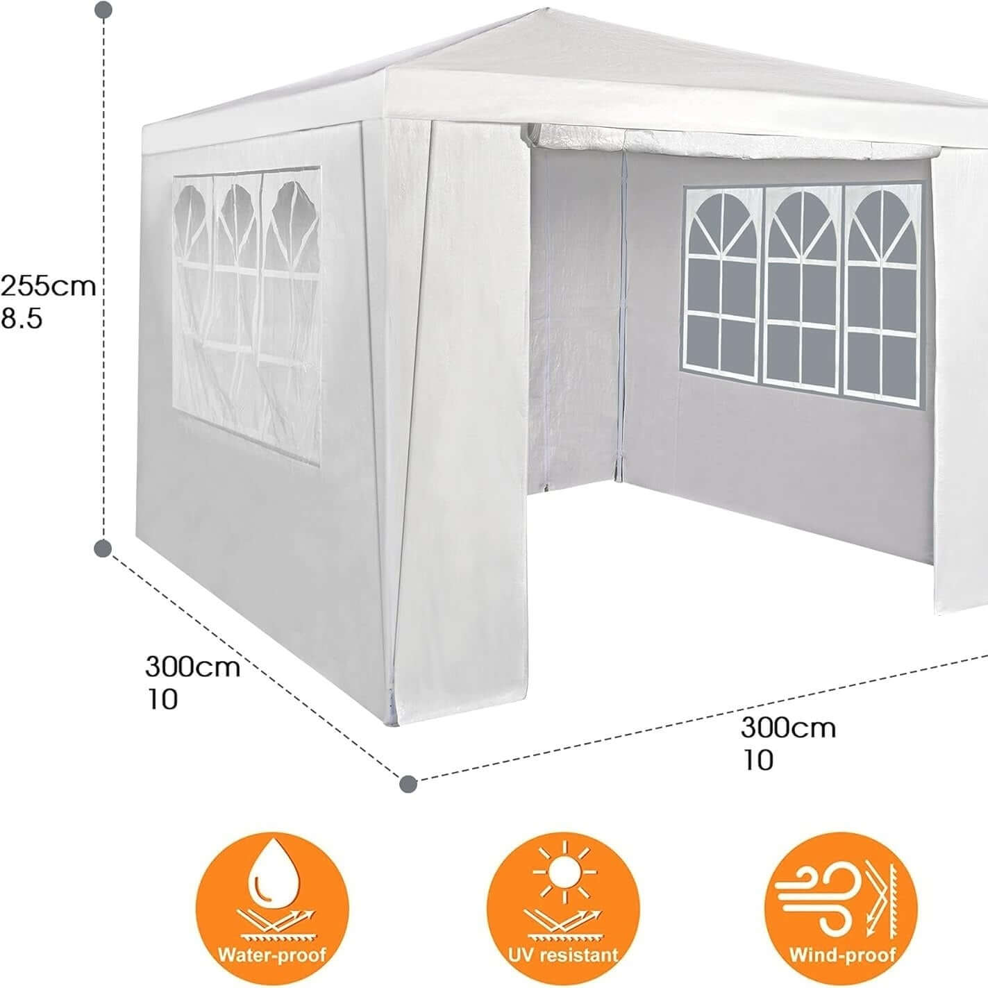 Sturdy 3x3M waterproof event gazebo with four side panels, showcasing dimensions and features like waterproof, UV, and wind resistance.