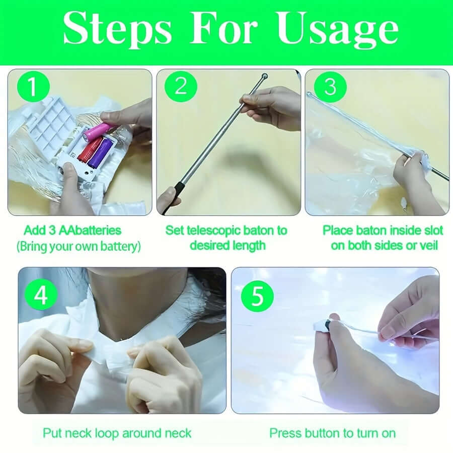 "Step-by-step guide to setting up LED butterfly wings with battery insertion, telescopic baton, and neck loop fastening."