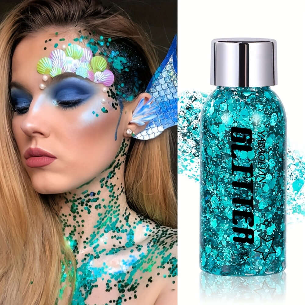 Woman wearing vibrant mermaid sequin glitter gel makeup, showcasing festival-ready glam with a bottle of long-lasting glitter gel.