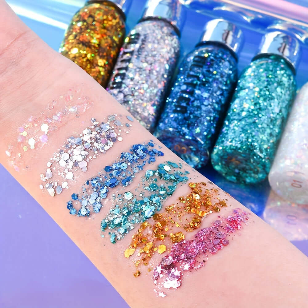 Mermaid sequins body glitter gel swatches in vibrant colors, perfect for long-lasting festival makeup on face, hair, and body.