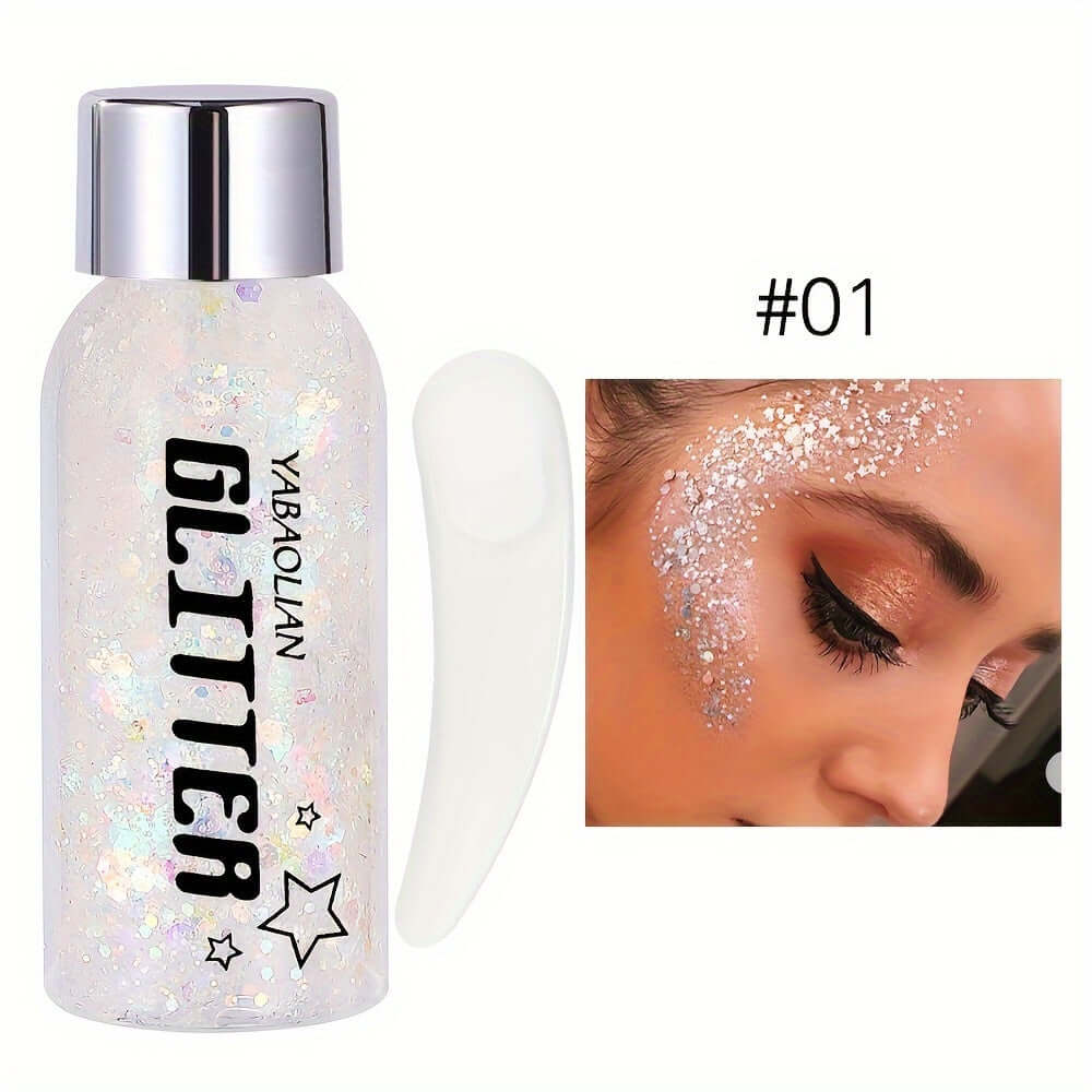 Mermaid sequin glitter gel for festival makeup, shown in a bottle and applied to a woman's face, with shimmering effect.