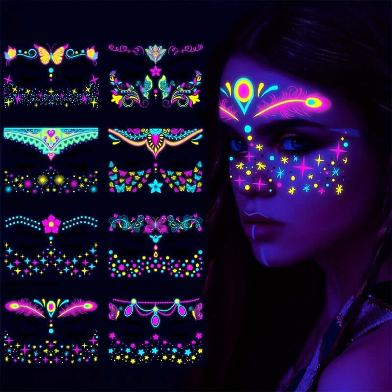 Neon butterfly face stickers glowing under UV light, showcasing vibrant festival makeup designs, perfect for parties and outdoor events.