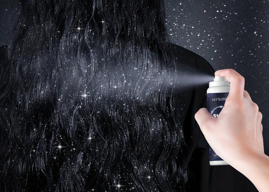 Applying Shimmer Silver Glitter Hairspray for sparkling party-ready hair and body effect