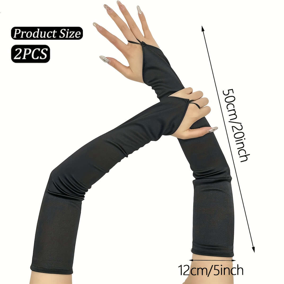 Black fingerless satin gloves for cosplay and rave with size dimensions shown on arms.