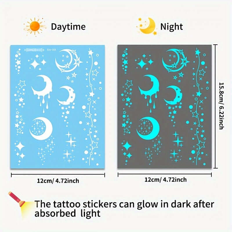 Glow-in-the-dark moon and star tattoo stickers for festivals, featuring day and night views with dimensions.