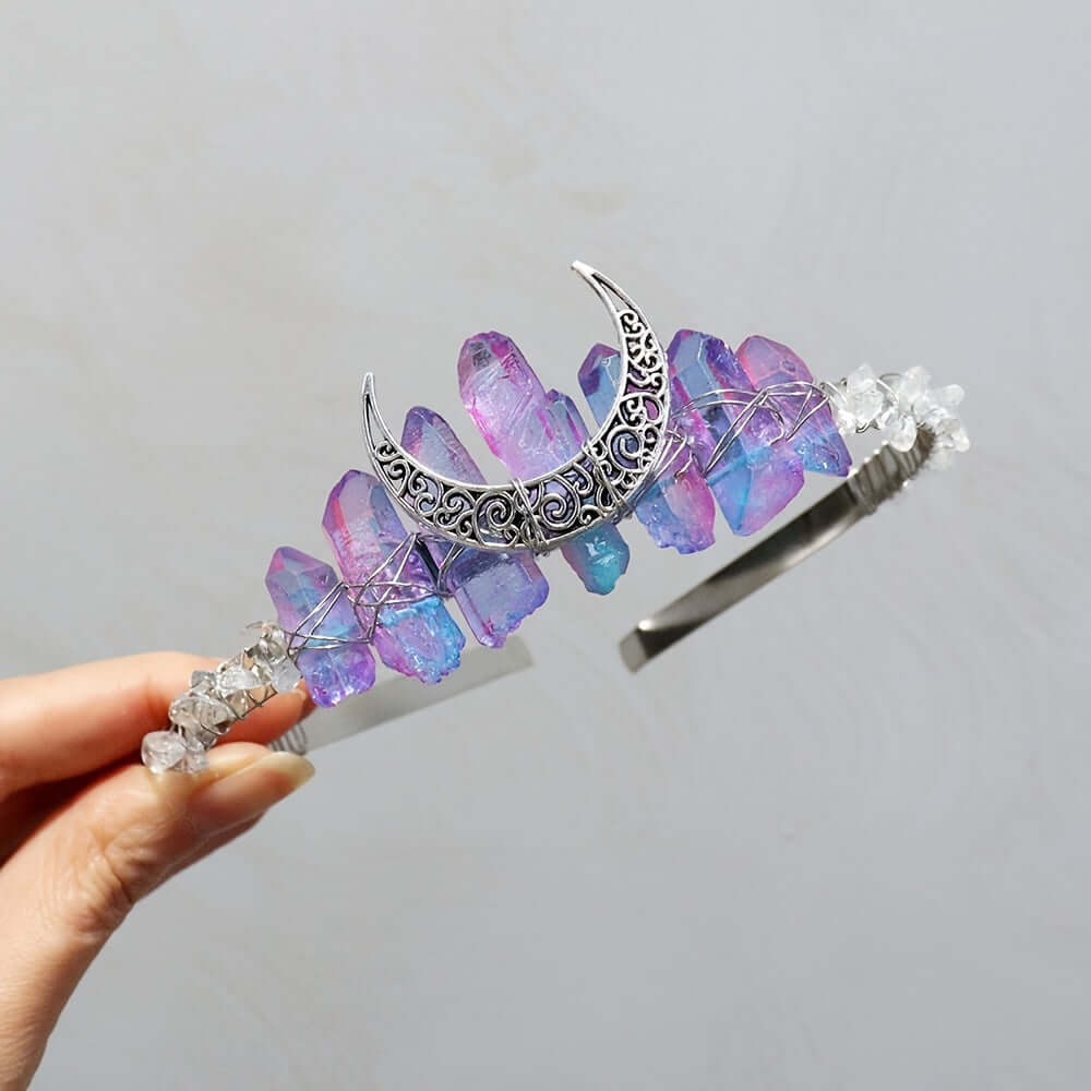 Elegant moon-shaped crystal headband for weddings and special occasions, featuring vibrant natural stones and boho-chic style.