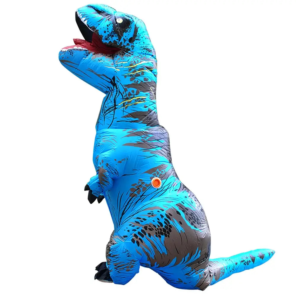 Blue inflatable T-Rex dinosaur costume for festivals, parties, and cosplay events.