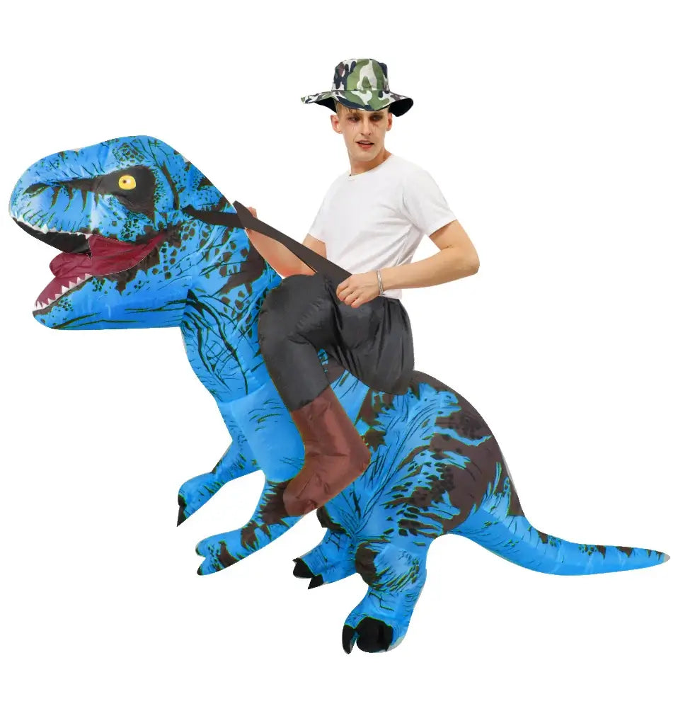 Man wearing blue inflatable T-Rex dinosaur costume with camouflage hat, perfect for parties and cosplay events.