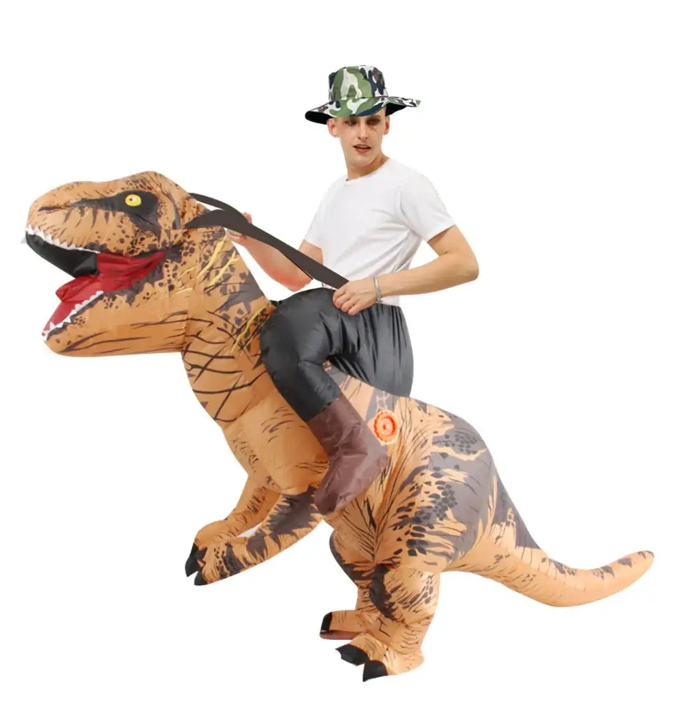 Inflatable T-Rex dinosaur costume for cosplay and parties, featuring a built-in fan and easy inflation, worn by an adult.