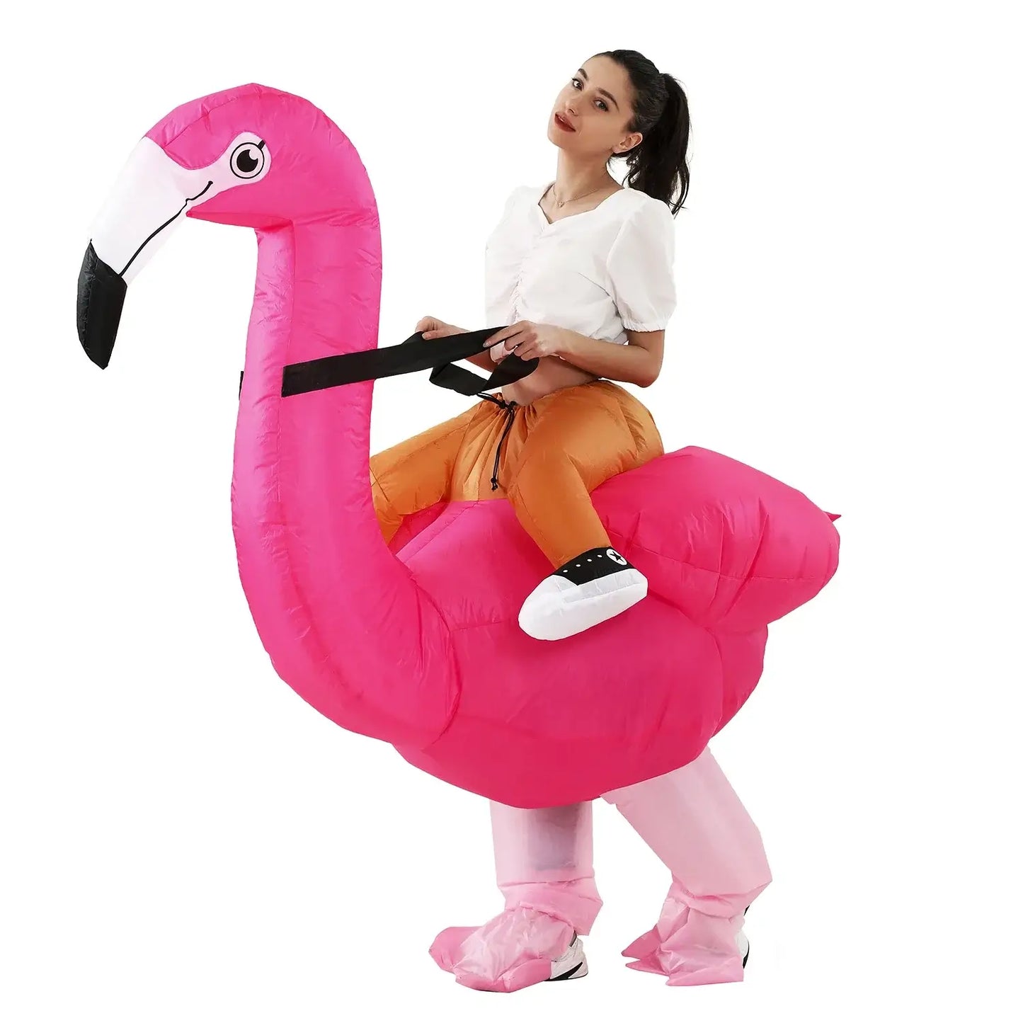 women wearing an inflatable flamingo costume, perfect for festivals and parties, showcasing a playful and vibrant design.