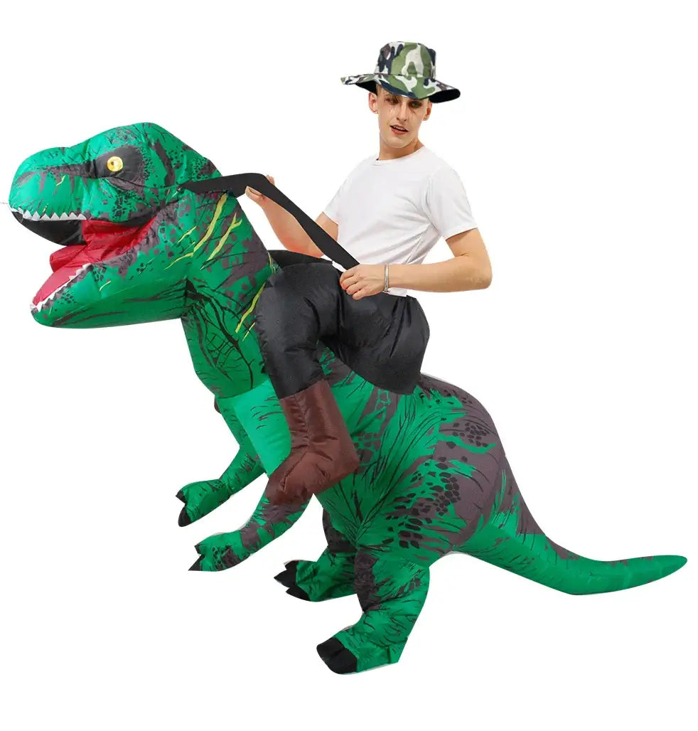 Inflatable T-Rex dinosaur costume worn by a person, ideal for fun cosplay, festivals, and parties.