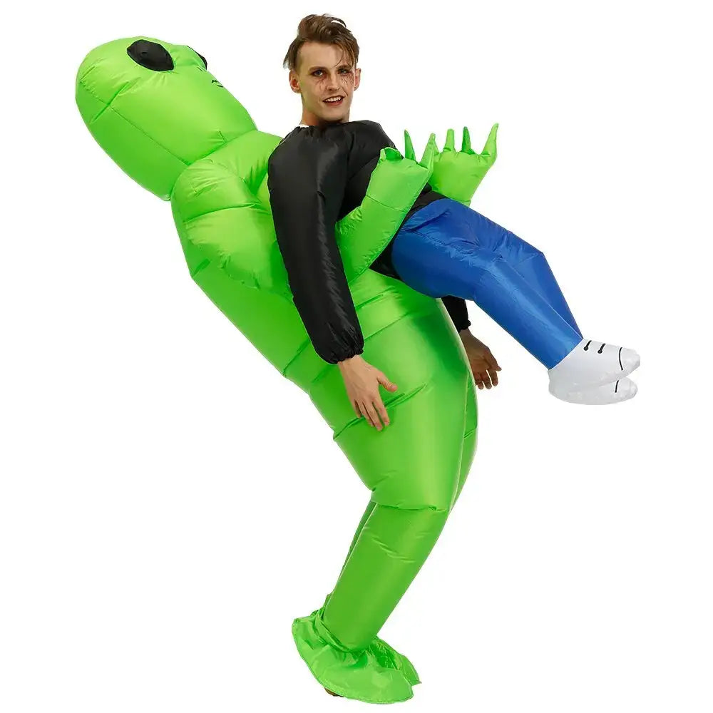 Man wearing an inflatable green alien costume, perfect for festivals, Halloween, and parties, showcasing a fun and unique design.