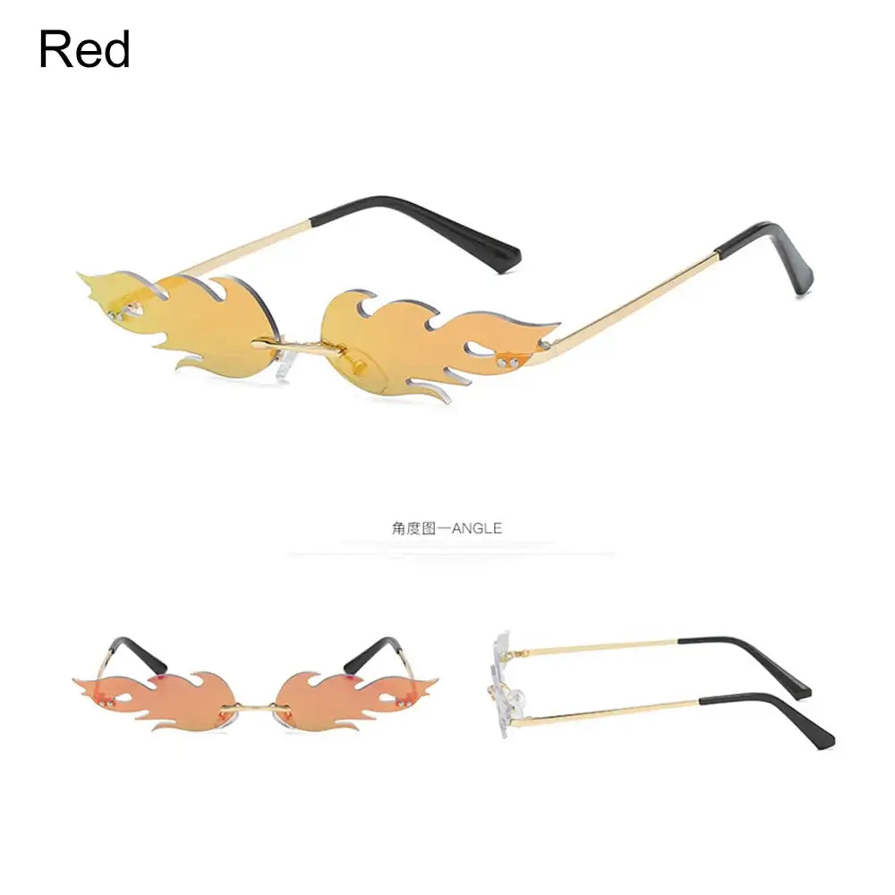 Red luxury flame-shaped rimless sunglasses with UV400 protection, bold design perfect for trendy fashion and sun safety.