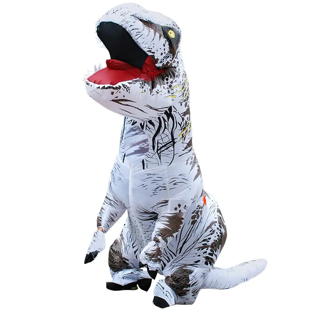 Inflatable T-Rex dinosaur costume in white and brown, perfect for festivals, cosplay, and parties. Comfortable and durable design for hours of fun.