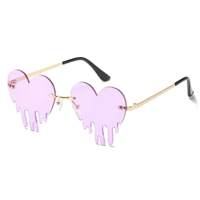 Purple heart rimless tear-shaped sunglasses with unique steampunk style and UV400 protection, gold frames, stylish gradient lenses.