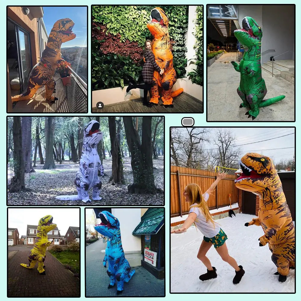 Various inflatable T-Rex dinosaur costumes in different colors worn at outdoor and indoor events, showcasing fun cosplay attire.