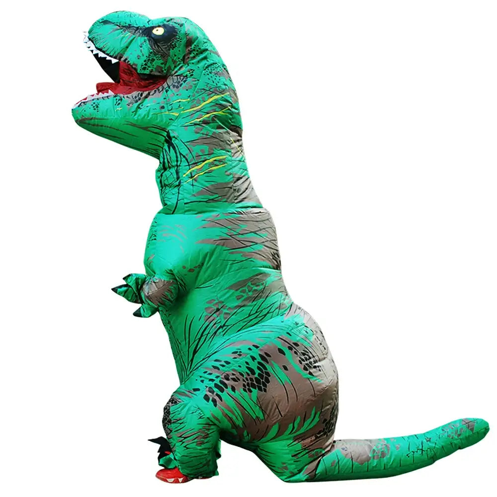 Inflatable T-Rex dinosaur costume in green, ideal for cosplay, festivals, and parties. Durable polyester with built-in fan for easy inflation.