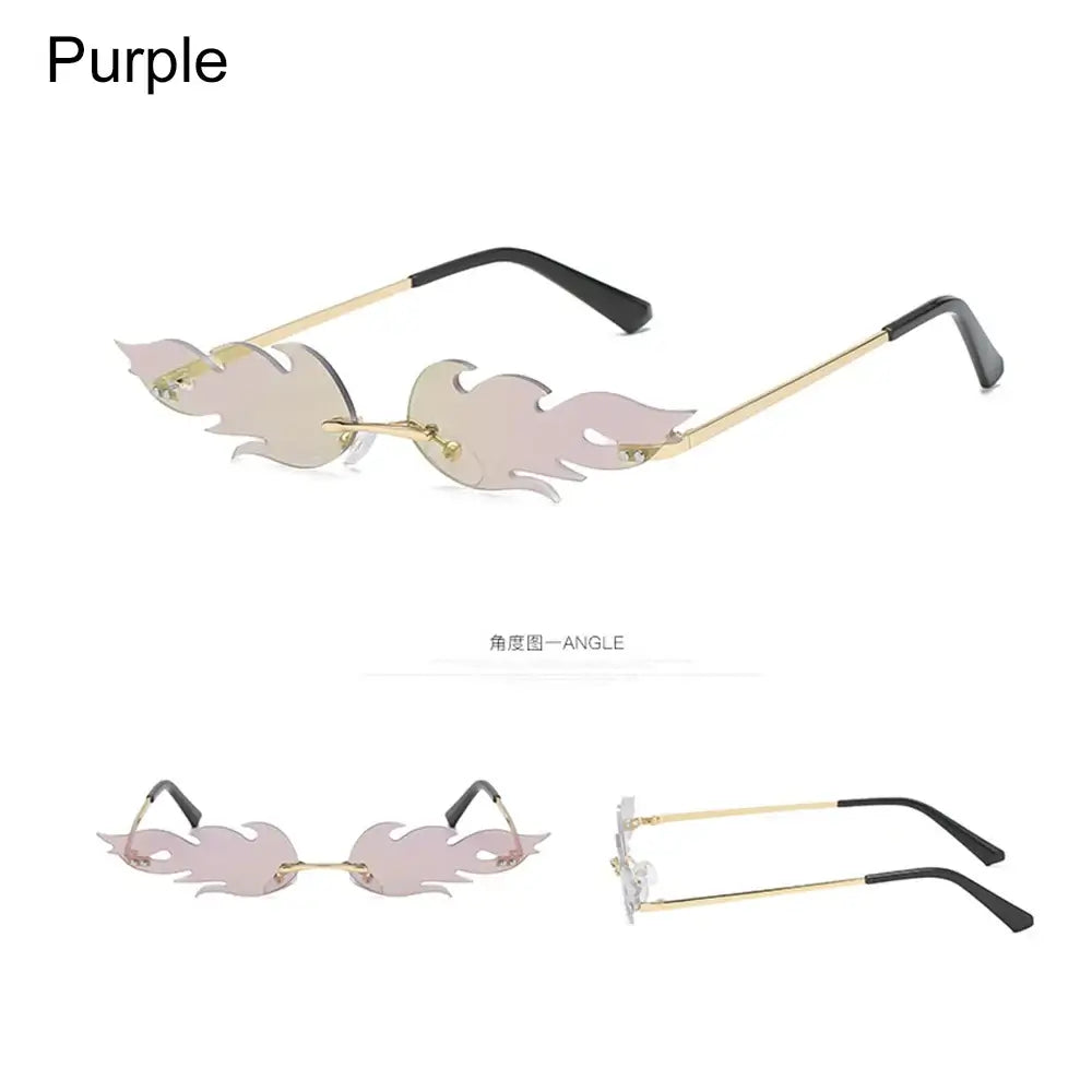 Purple rimless fire flame sunglasses with lightweight frame and UV400 protection, perfect for a trendy and vibrant look.