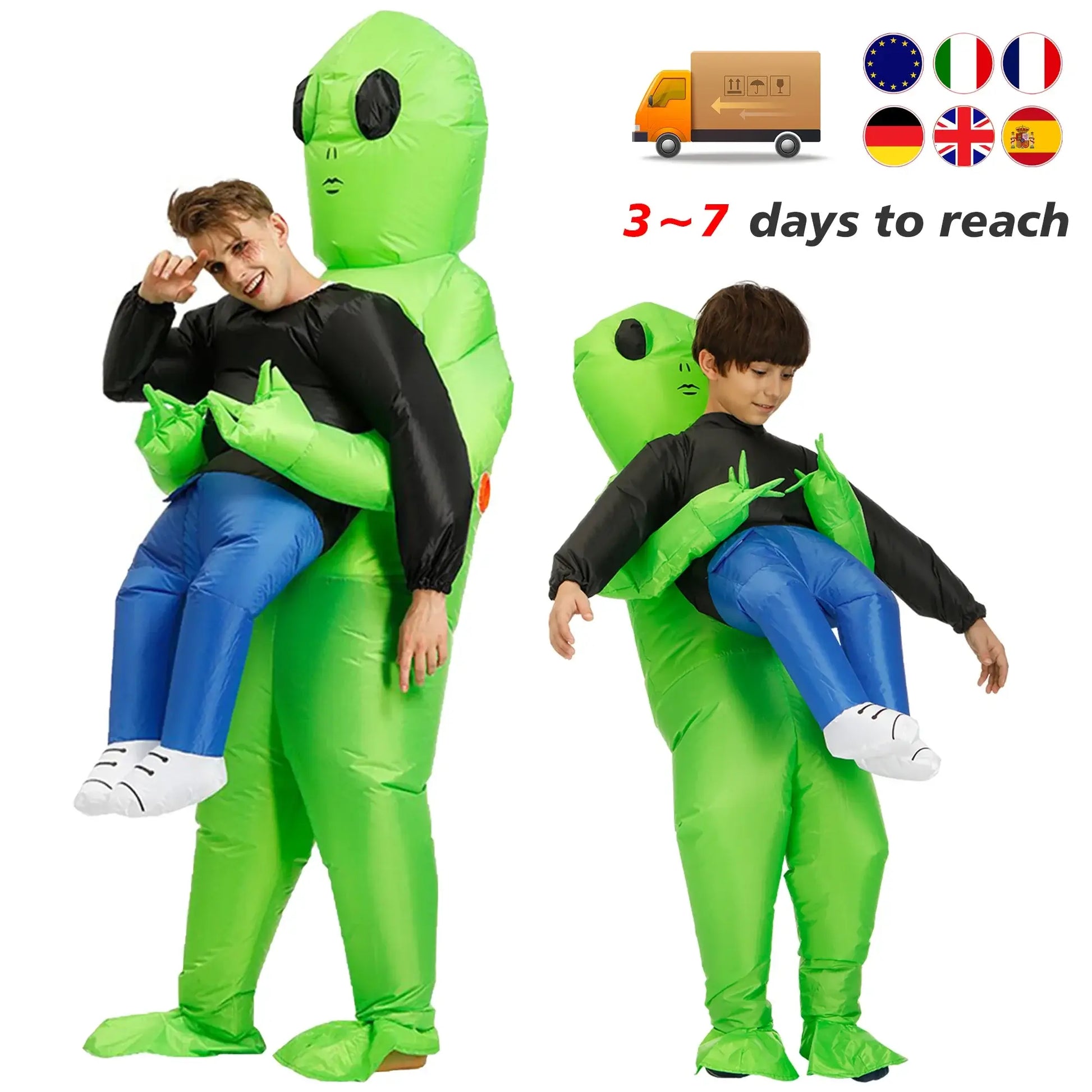 "Adults wearing fun green inflatable alien costumes for parties and festivals"