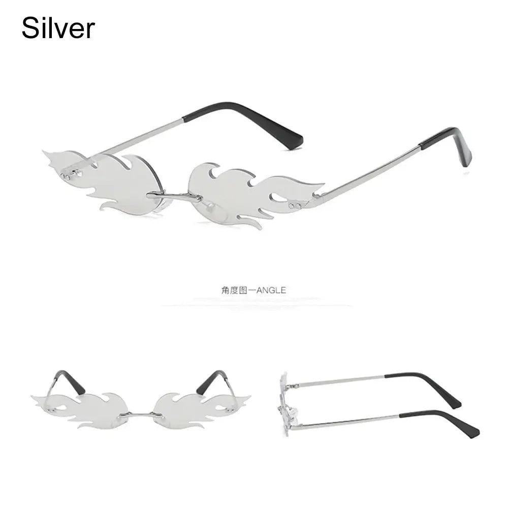 Silver rimless luxury fire flame sunglasses with UV400 protection for men and women. Trendy and lightweight design.