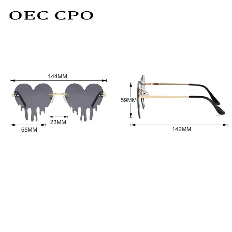 Rimless heart-shaped sunglasses with tear detail and UV400 protection, featuring gradient lenses and steampunk style dimensions shown.