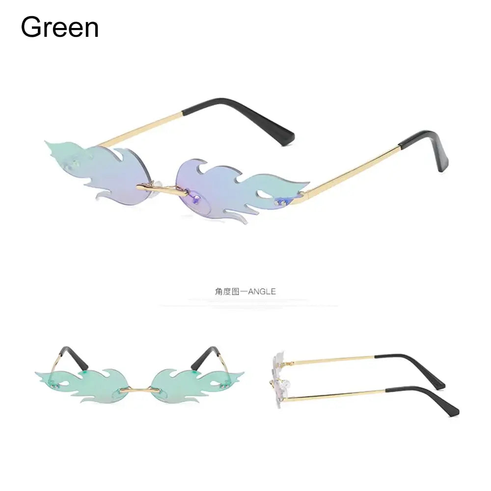 Green flame-shaped rimless sunglasses with UV400 protection for men and women, featuring a bold and trendy design.