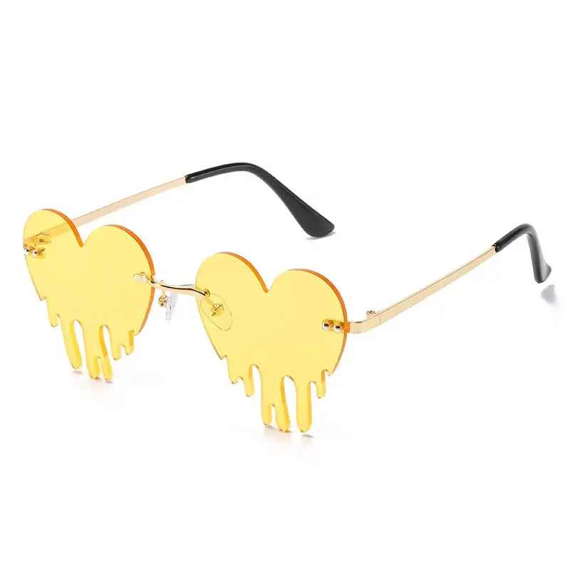 Yellow heart rimless sunglasses with tear-shaped design, unique steampunk style, featuring UV400 protection and gradient lenses.