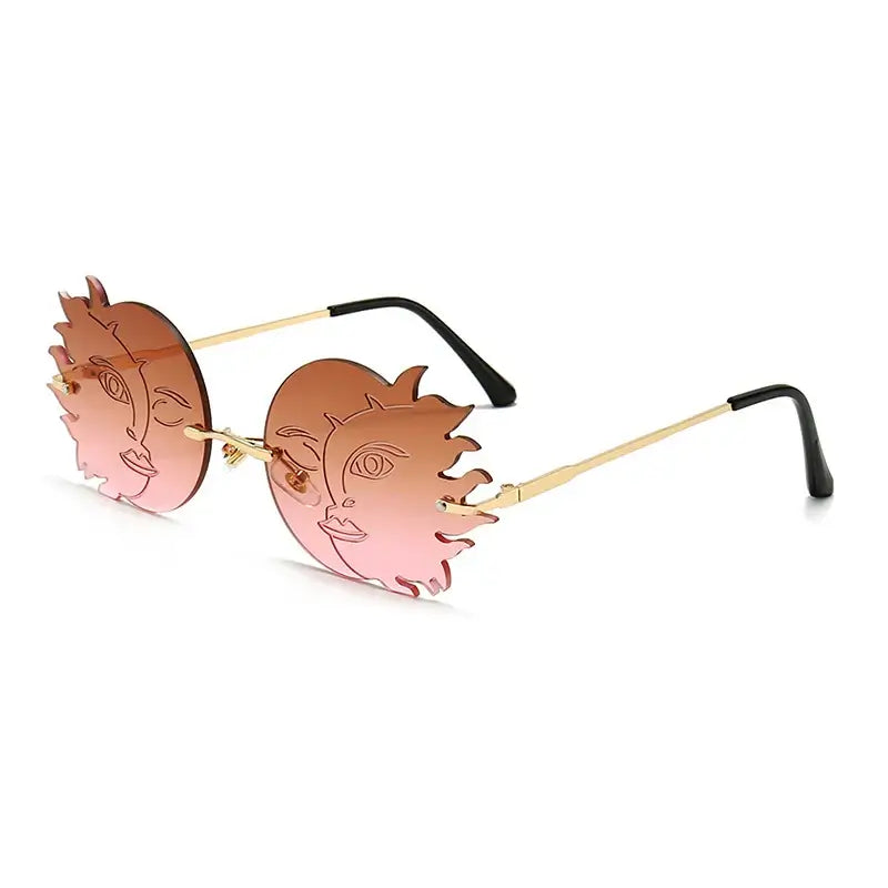 Fashion rimless irregular round sunglasses with gradient lenses and unique design, offering UV400 protection for men and women.