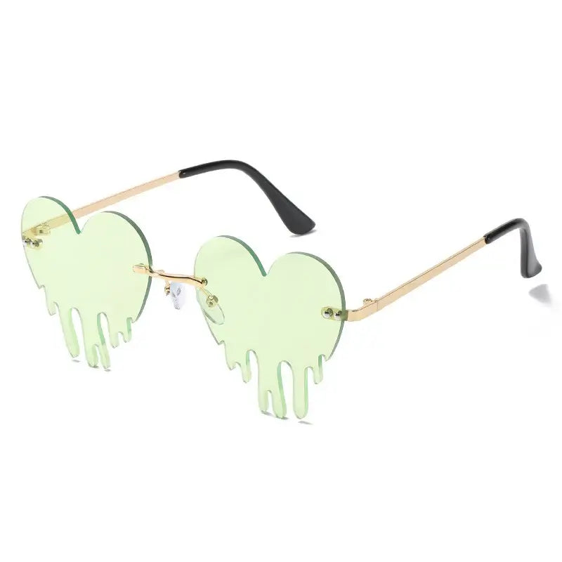 Green heart rimless tear-shaped sunglasses with gold frames, unique steampunk style, UV400 protection.