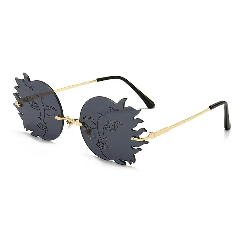 Rimless irregular round sunglasses with sun face design and gradient UV400 lenses, gold frame for men and women.