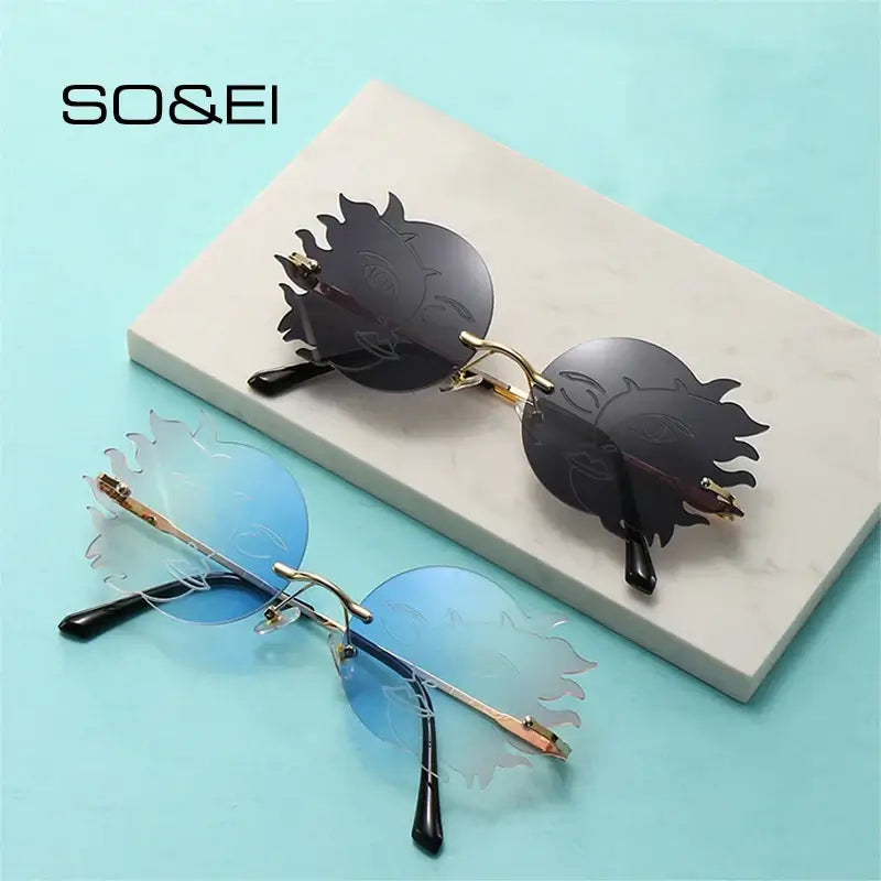 SO&EI Rimless Irregular Round Sunglasses with Gradient UV400 Lenses in Black and Blue, Fashion Vintage Shades for Men & Women.