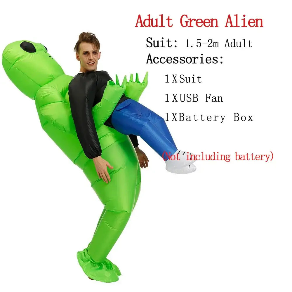 Inflatable green alien costume for adults, wearable suit with user inside, includes USB fan and battery box accessories.