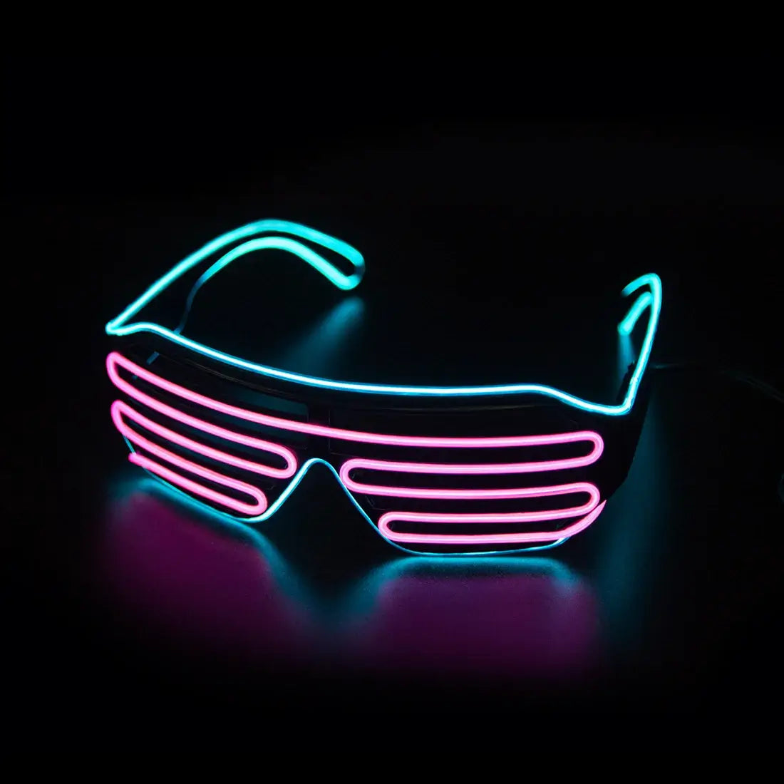 Neon blue and pink LED glowing party glasses on a dark background, perfect for raves and festivals with three light modes.