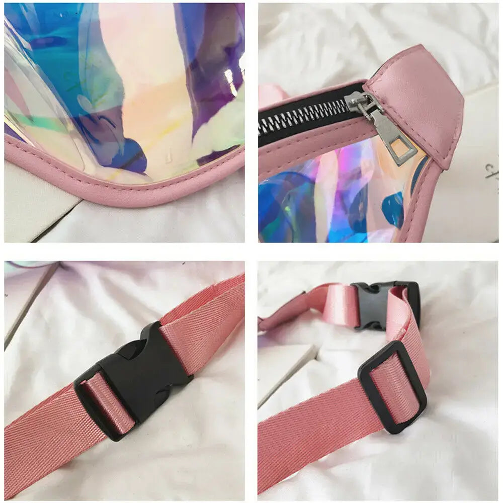 Holographic PVC fanny pack details with adjustable pink strap and secure zipper, perfect for travel, festivals, and raves.