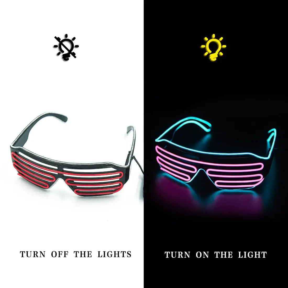 LED glowing party glasses in red and neon, showcasing light modes for rave events, festivals, and parties.