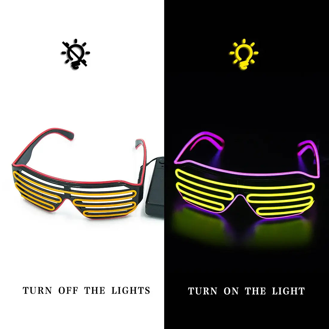 LED neon light-up party glasses with on and off modes, vibrant colors for raves and festivals.