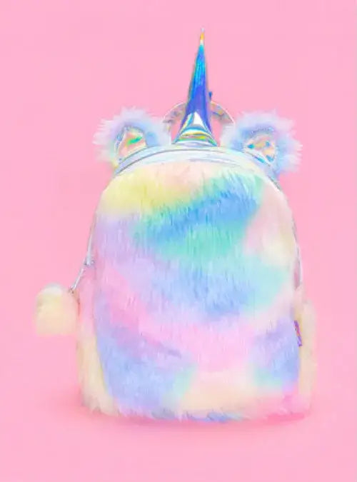 Kawaii unicorn rainbow mini backpack with holographic plush and cute ears on a pink background, perfect for festivals and parties.